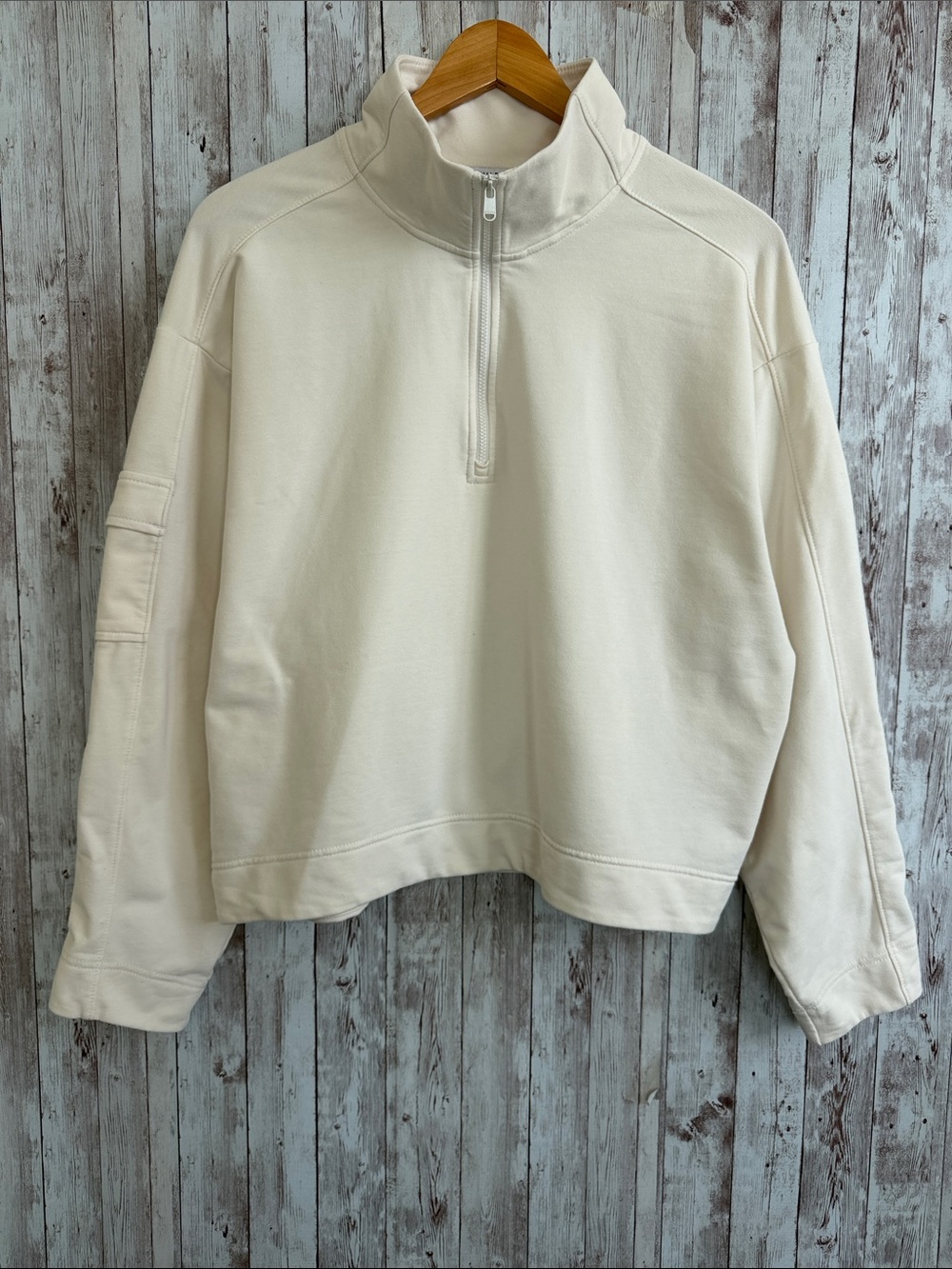 Athleta Retroterry 1/4 Zip Sweatshirt sz Large Magnolia White Cream Cargo Pocket